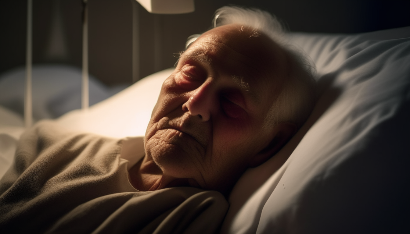 an old man is sleeping on a bed at the hospital.  he is sick. realistic and cinematic