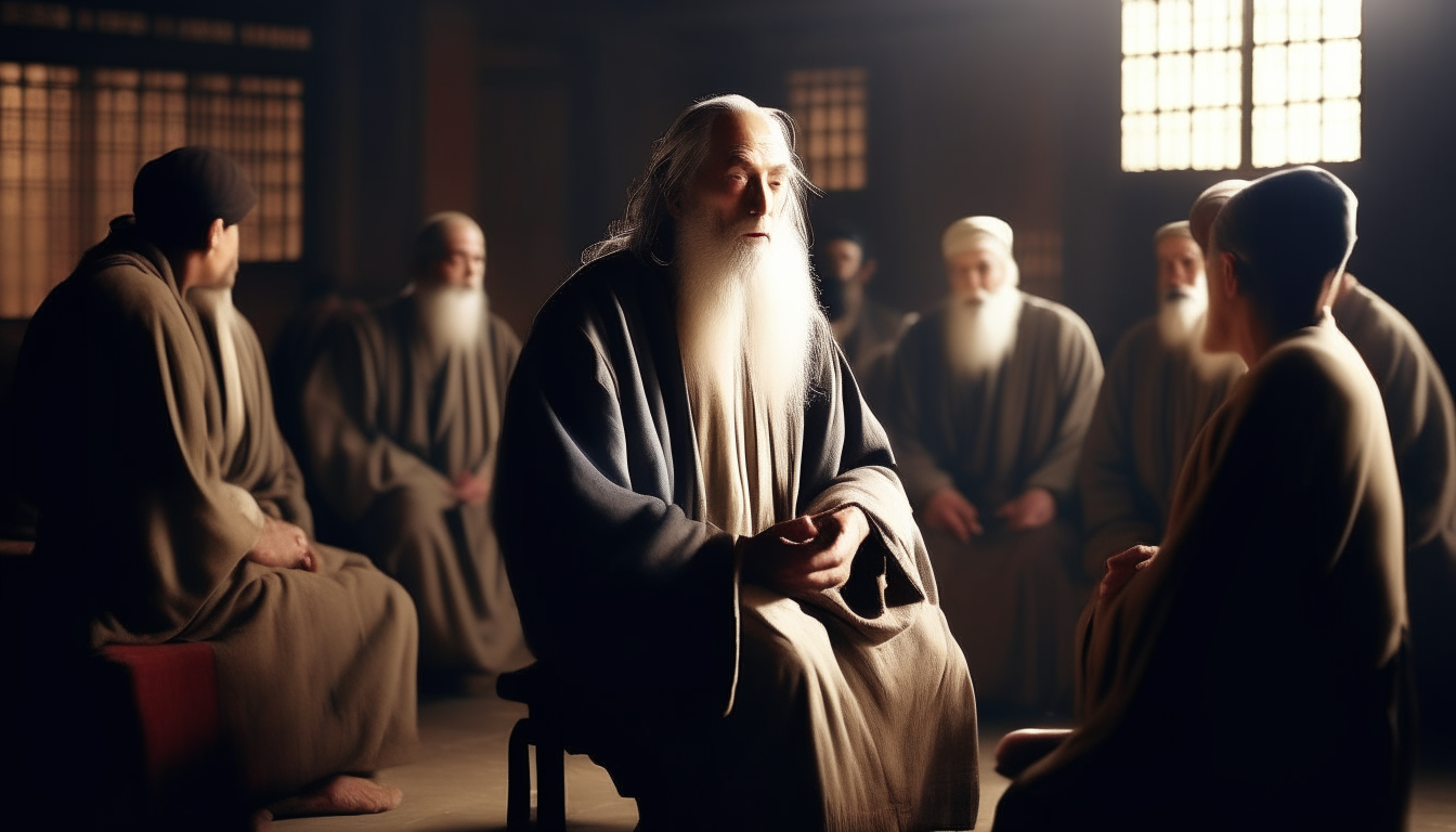 a wise teacher from the past is teaching in front of his disciples while standing.  realistic and cinematic