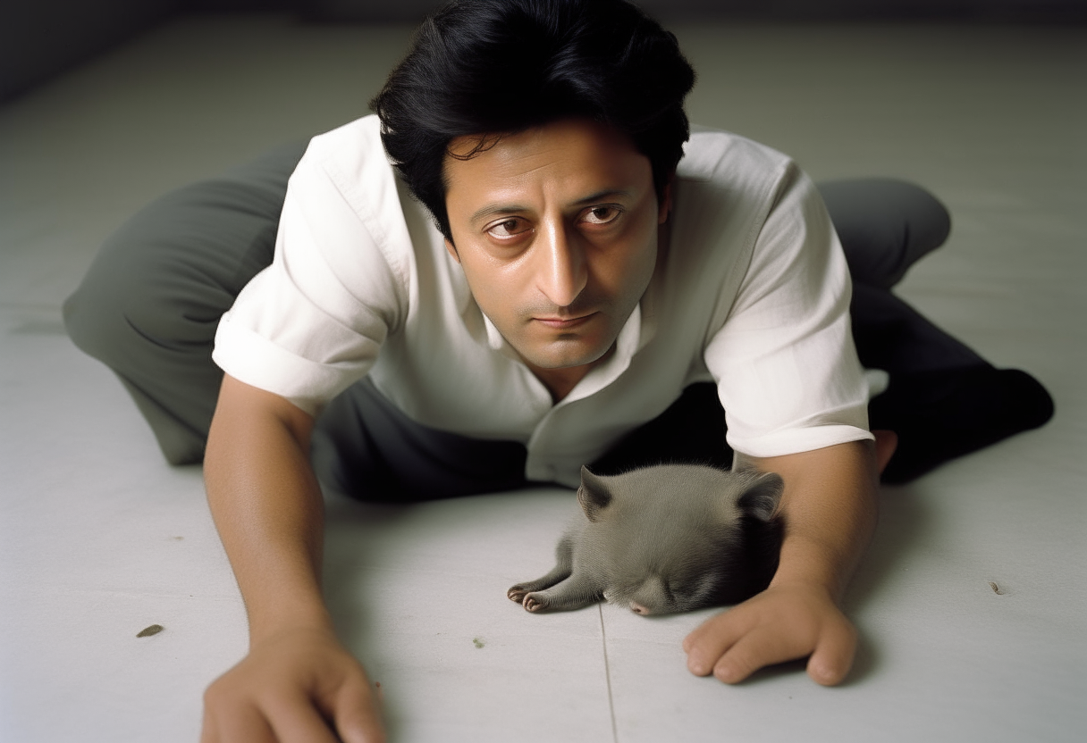 portrait of Imran Khan laying on the floor, wearing casual clothes, with a small gray mouse sitting calmly next to his head