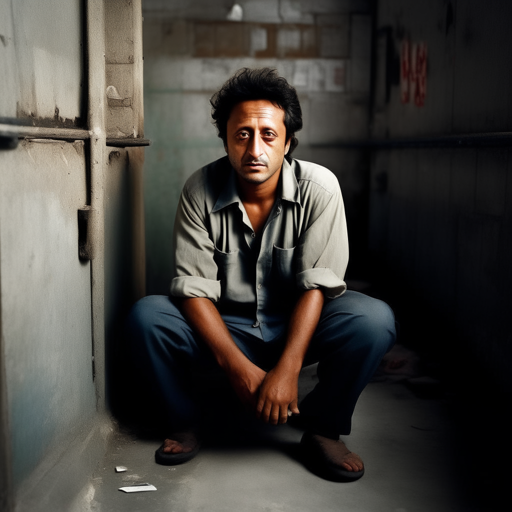 portrait of Imran Khan sitting on a dirty concrete floor in an overcrowded jail cell, wearing casual clothes and looking distressed