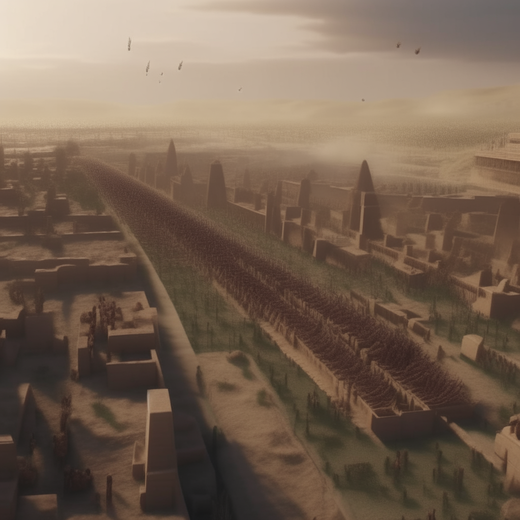 Aerial view of an ancient Babylonian city with people running into buildings, fleeing from a massive wind of death approaching in the distance photorealistic 8K render