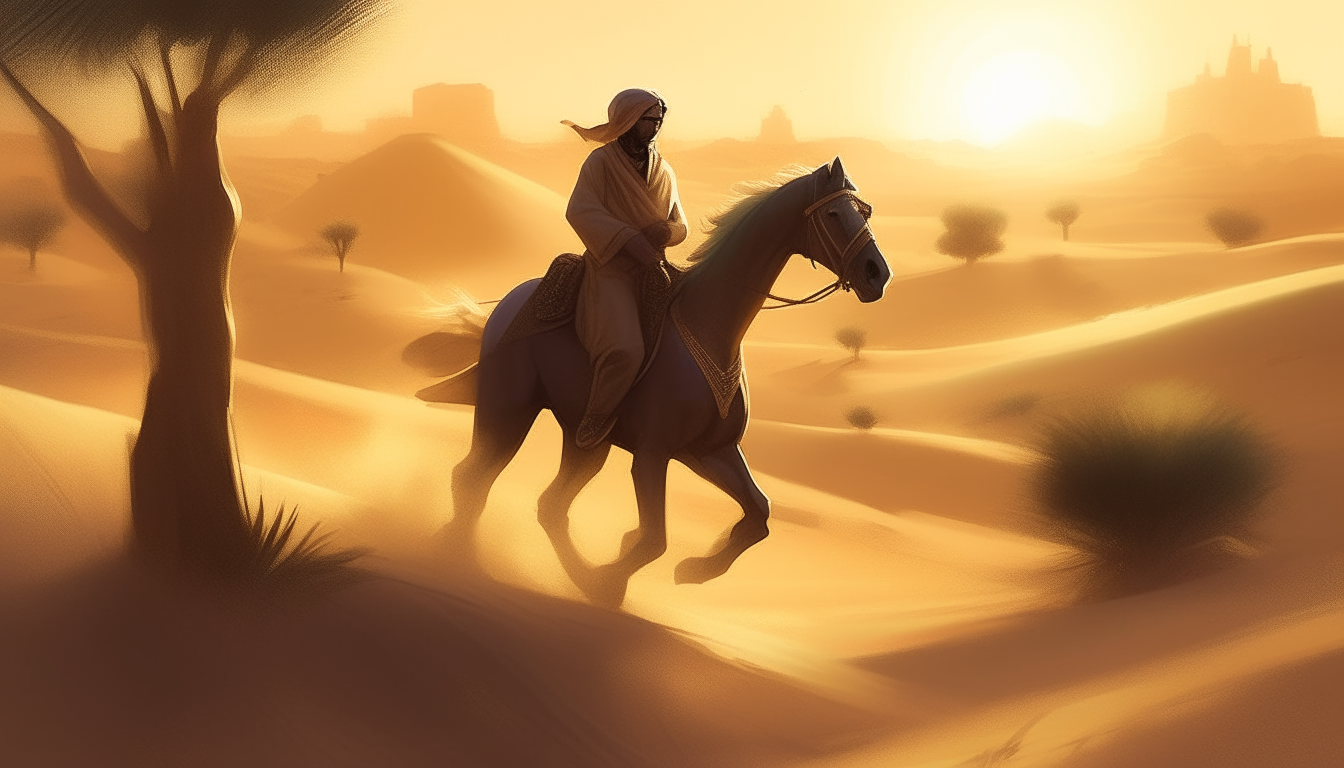 wanderer, character of an ancient arabian, wearing a turban, riding a horse, wise face, desert with few trees, the scene is simple.