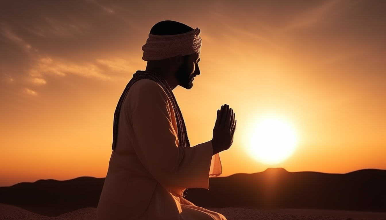 a Muslim is praying, with a serene desert landscape