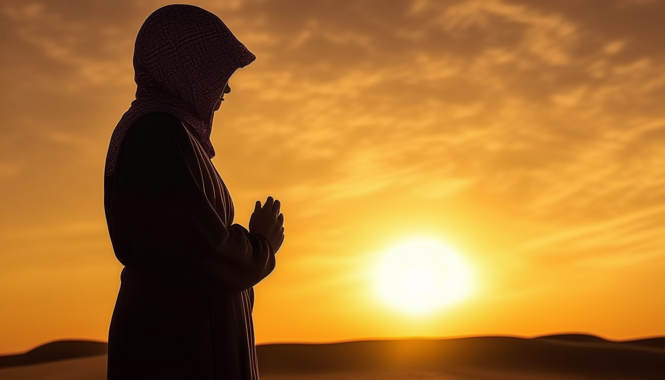 a Muslim is praying, standing position, with a serene desert