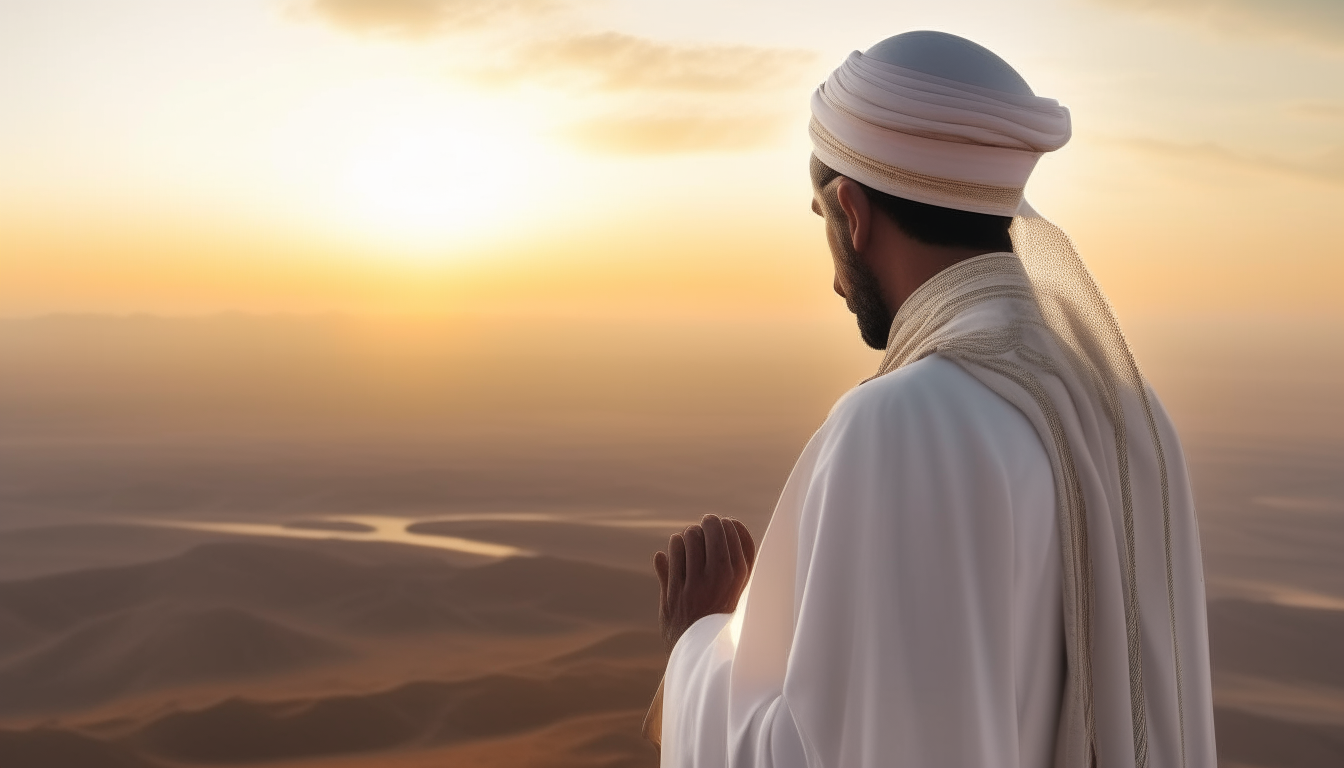 A Muslim is praying, standing position, arms crossed over his chest, with a serene desert landscape