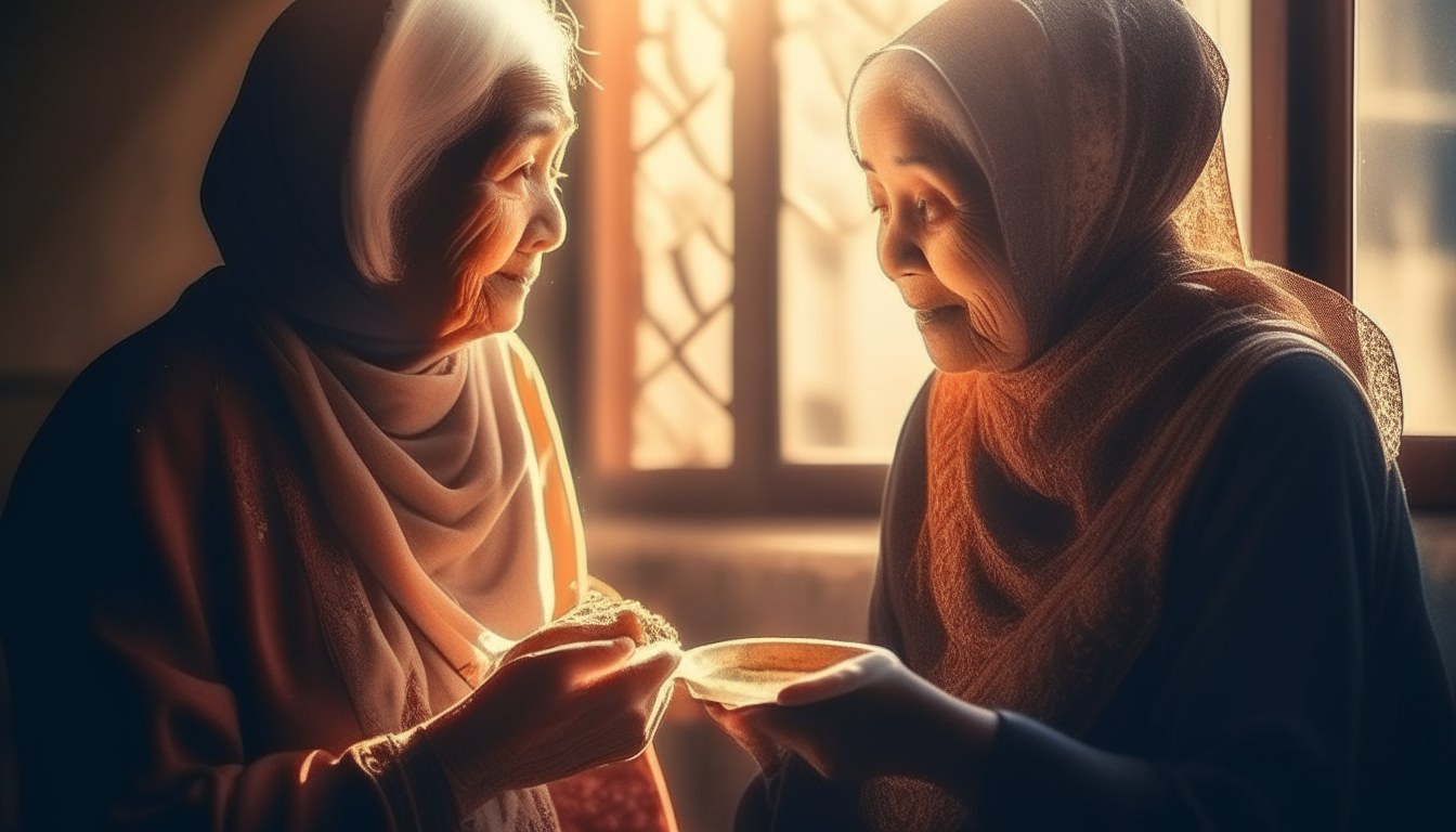 depicting a scene where a Muslim individual is compassionately feeding an elderly grandmother