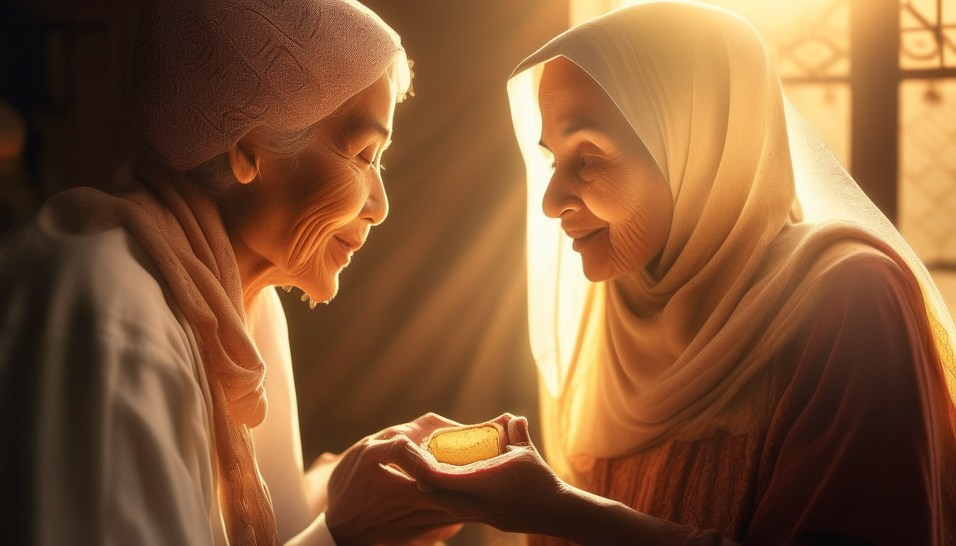 depicting a scene where a young Muslim man  is compassionately feeding an elderly grandmother