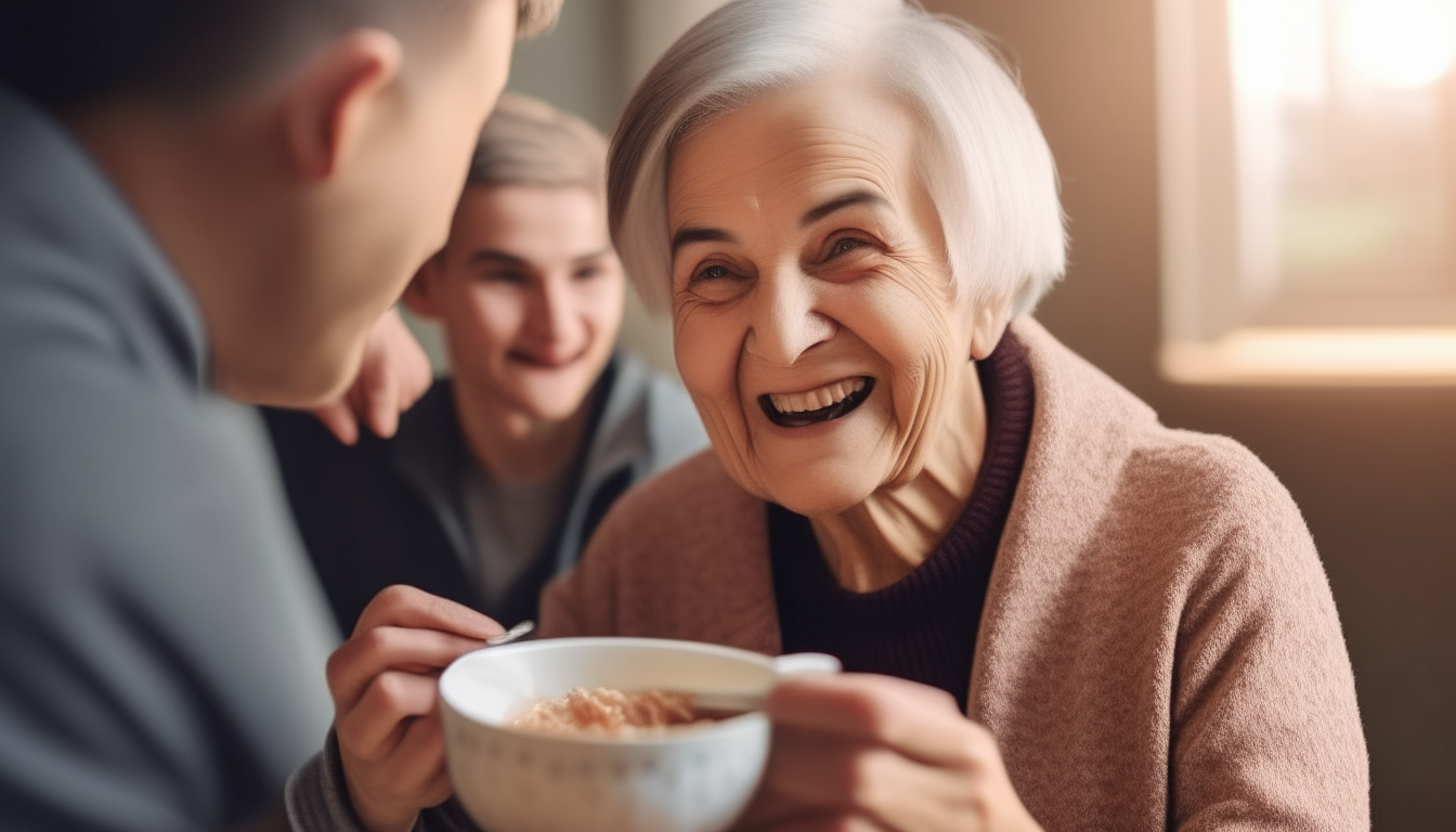 a young  man is compassionately feeding an elderly grandmother