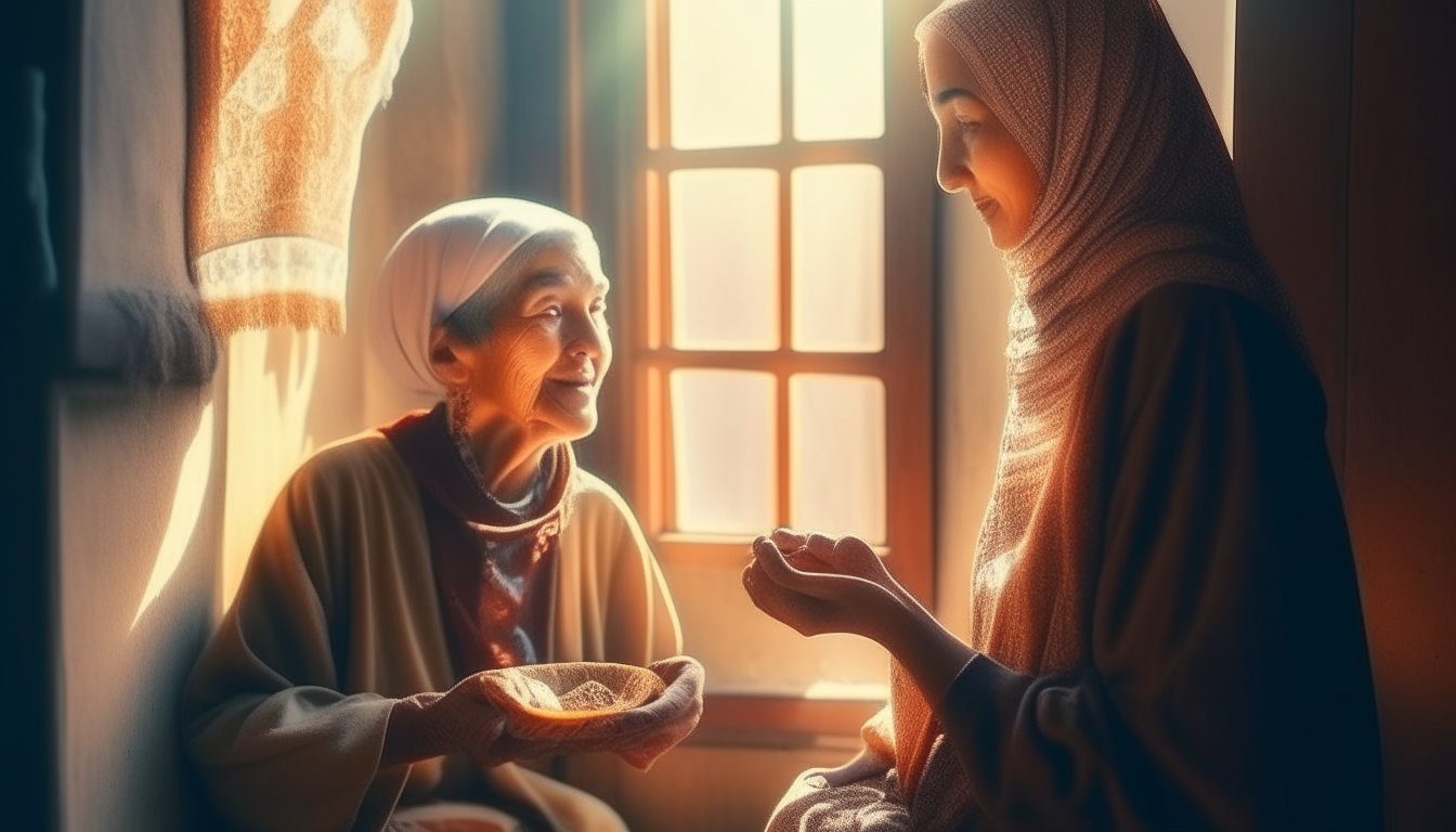 a young moslem man is compassionately feeding an elderly grandmother