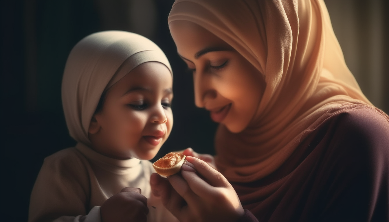 a picture of a moslem mother who is feeding her child with great affection, the expression on her face depicts great love and happiness, also depicts the face of the child who is enthusiastically eating happily