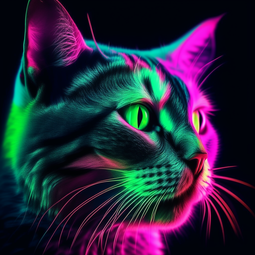 a extremely detailed neon colored cat, with studio lights and abstract art