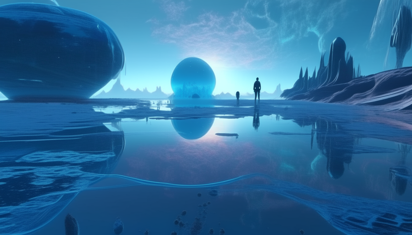 blue Arcturian aliens walk through the reflective liquid pool on the strange futureistic new worlds landscape stretching into the distance, with galatic skys meet the edge of the world , highest level of intricate details, 4K quality, sci-fi fantasy style