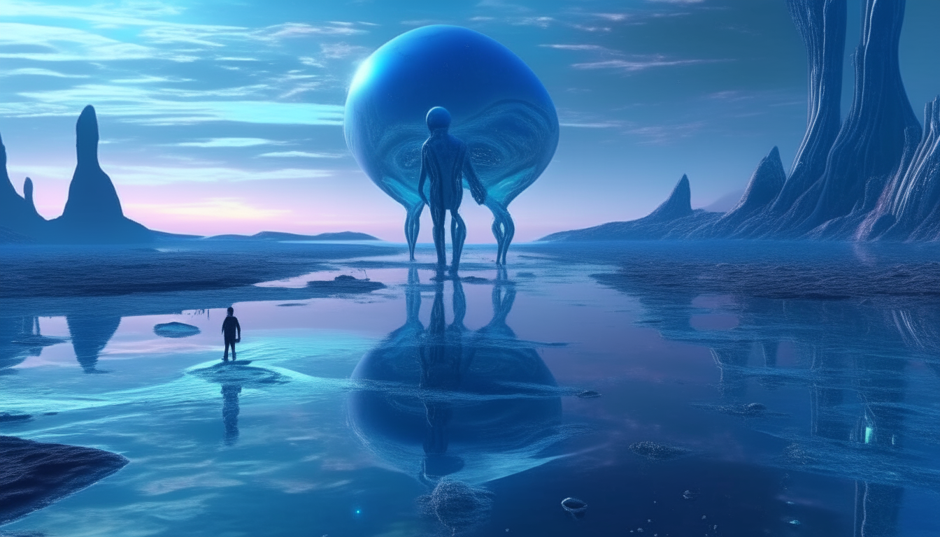 blue Arcturian aliens similar to image 1 walk through the reflective liquid pool on the strange futureistic new worlds landscape stretching into the distance, with galatic skys meet the edge of the world , highest level of intricate details, 4K quality, sci-fi fantasy style