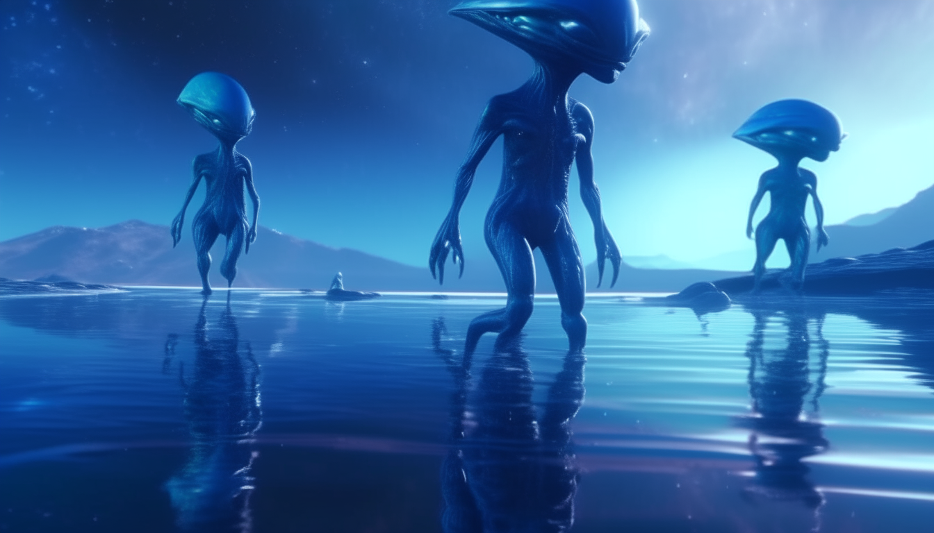 a close up of blue Arcturian aliens similar to image 1 walking through a reflective liquid pool, with intricate galactic skies in the background, 4k quality sci-fi fantasy artwork