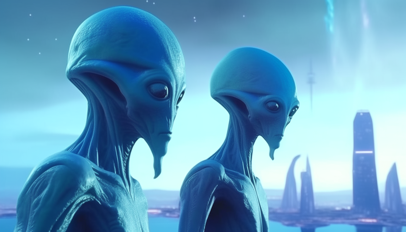 a highly detailed close up view of two blue aliens standing in shallow water overlooking a futuristic cityscape, galactic sky in background, 4k quality digital painting