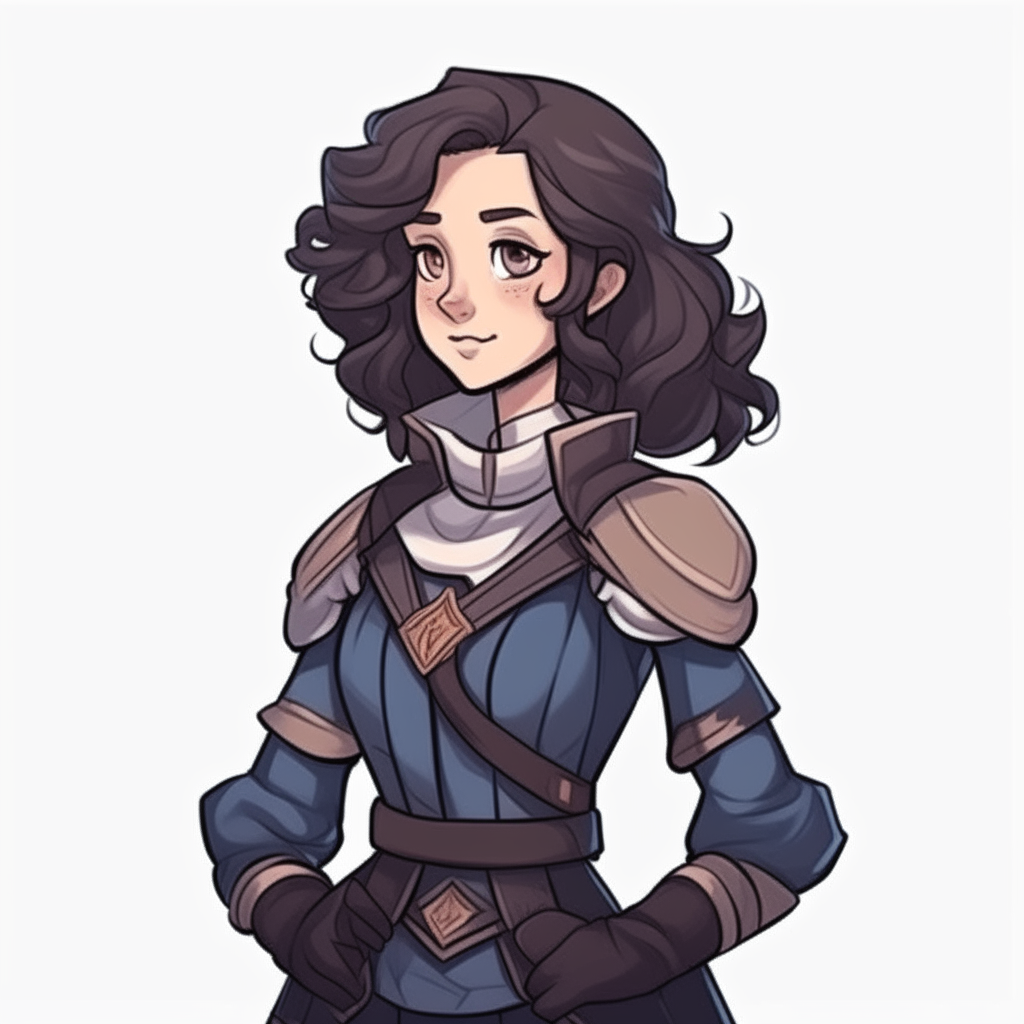 Girl with dark curly ponytail medium hair,Knight's outfit. 2D cartoon drawing