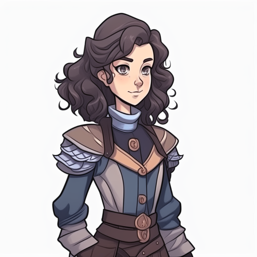 Girl with dark curly ponytail medium hair,Knight's outfit. 2D cartoon drawing