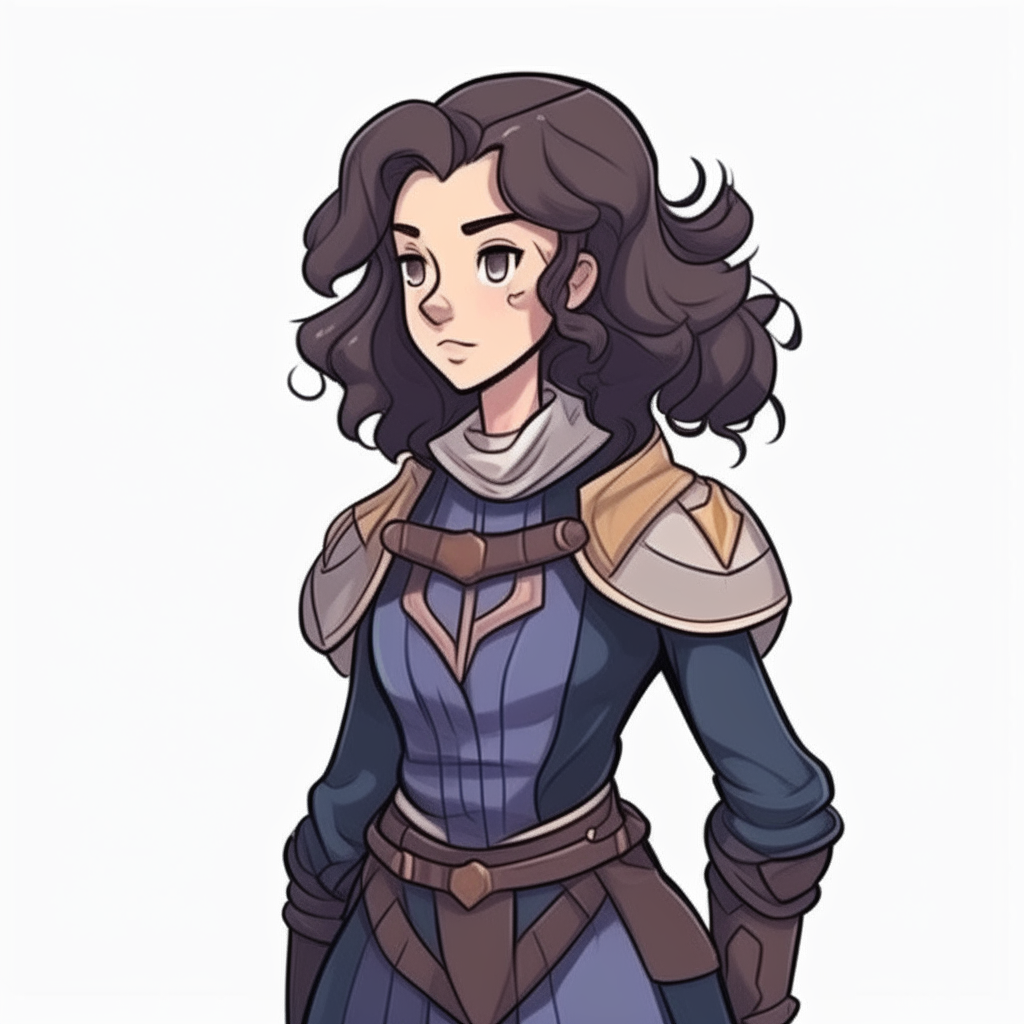 Girl with dark curly ponytail medium hair,Knight's outfit. 2D cartoon drawing
