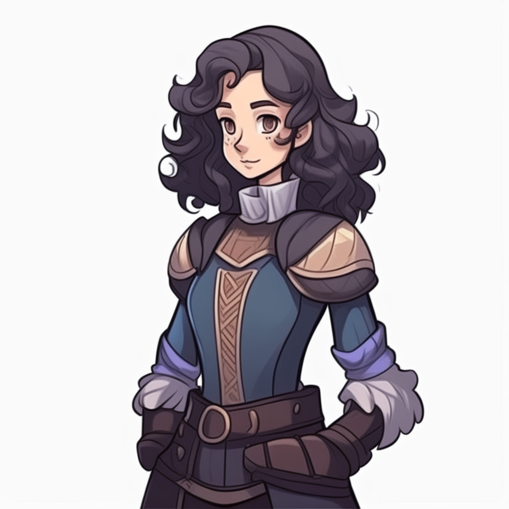 Girl with dark curly ponytail medium hair,Knight's outfit. 2D cartoon drawing