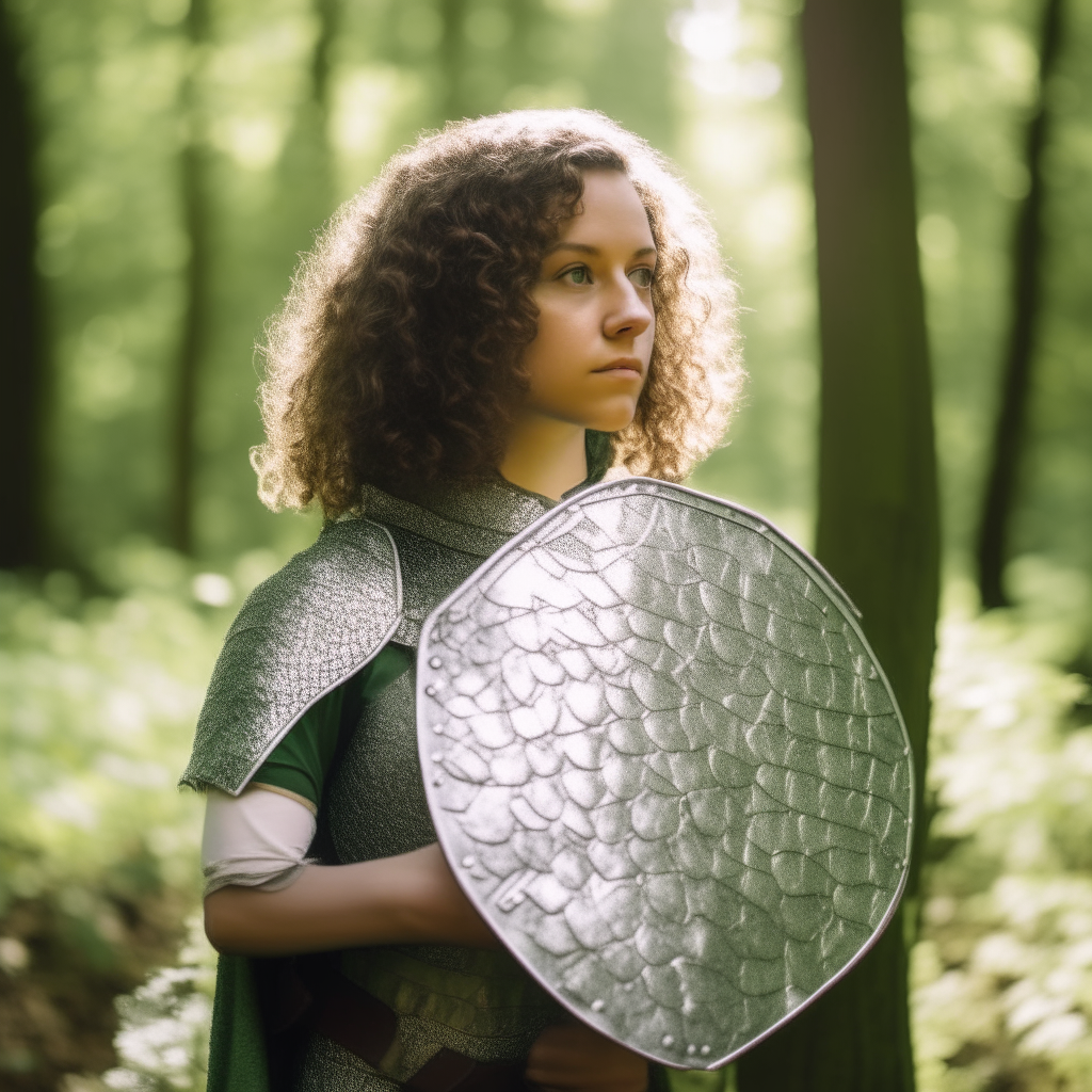 Girl with dark curly ponytail medium hair, wearing shining armor plate and chainmail. She holds a wooden shield painted with a green leaf and stands in a sunny forest glade.
