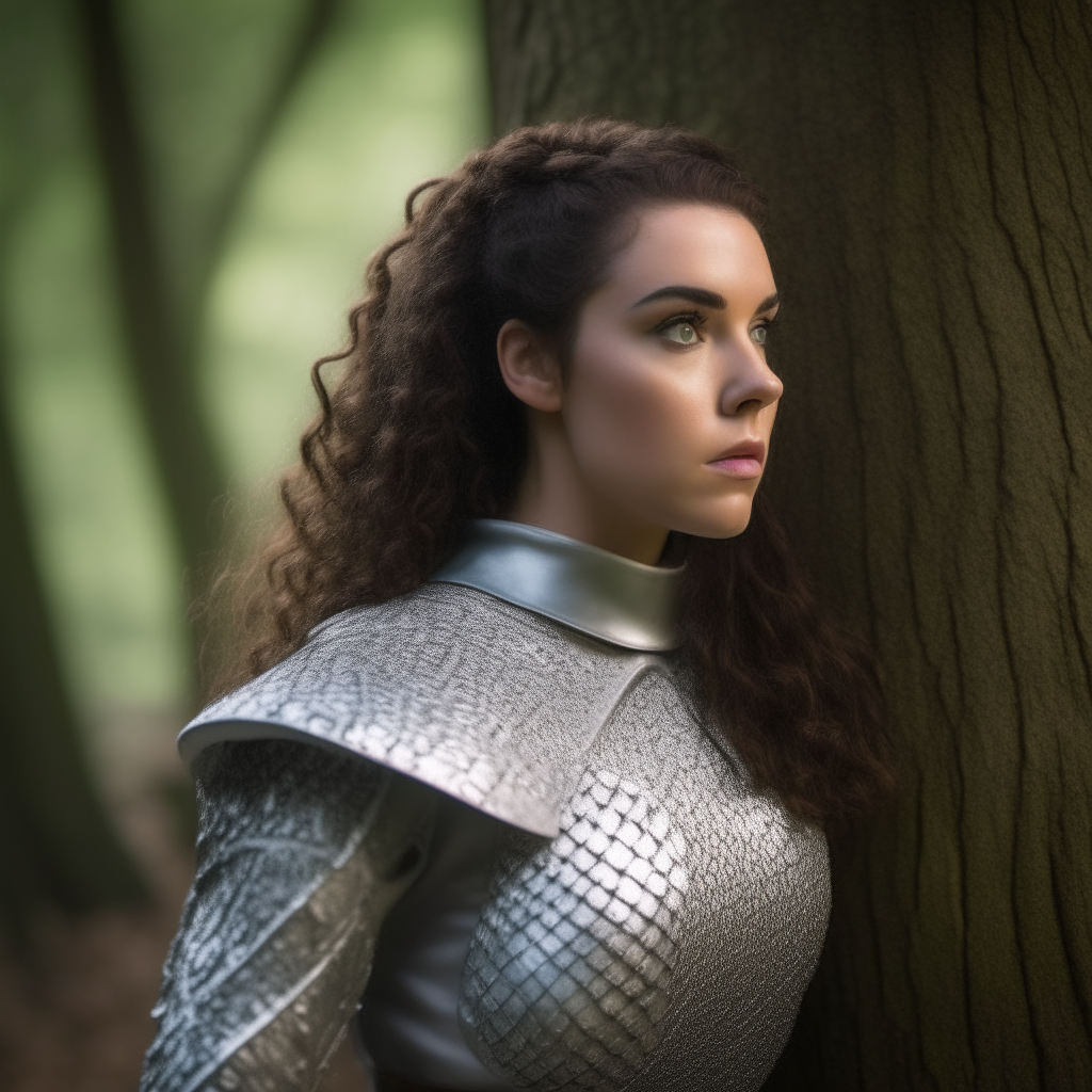 Girl with dark curly ponytail medium hair, wearing shining armor plate and chainmail. She stands beside an oak tree in a forest, gazing into the distance with determination.