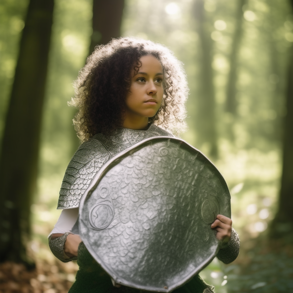 Girl with dark curly ponytail hair, wearing shining armor plate and chainmail. She holds a wooden shield painted with a green tree, and stands in a sunny forest glade.