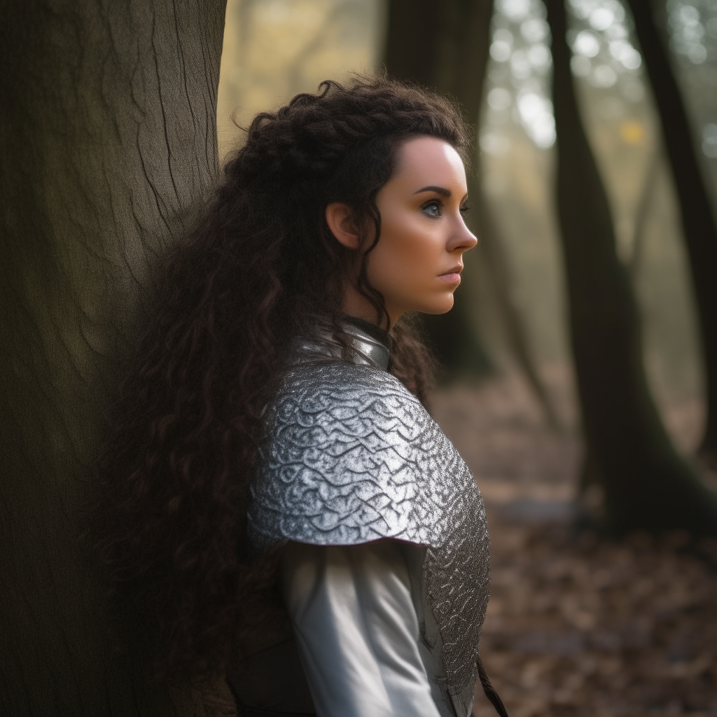Girl with dark curly ponytail hair, wearing shining armor plate and chainmail. She stands beside an old oak tree in a forest, gazing into the distance.