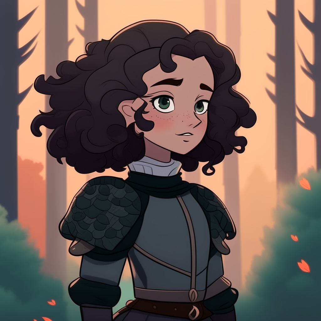 A girl with dark curly ponytail hair and a knight's outfit, drawn in a 2D cartoon style in front of a forest background