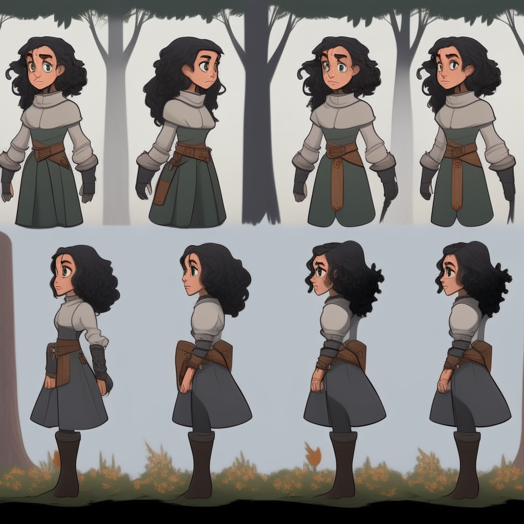 Character model sheet turnaround of a girl with dark curly ponytail hair in a knight's outfit, drawn in a 2D cartoon style in front of a forest background
