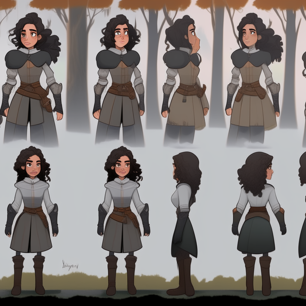 Character model sheet turnaround of a girl with dark curly ponytail hair in a knight's outfit, drawn in a 2D cartoon style in front of a forest background