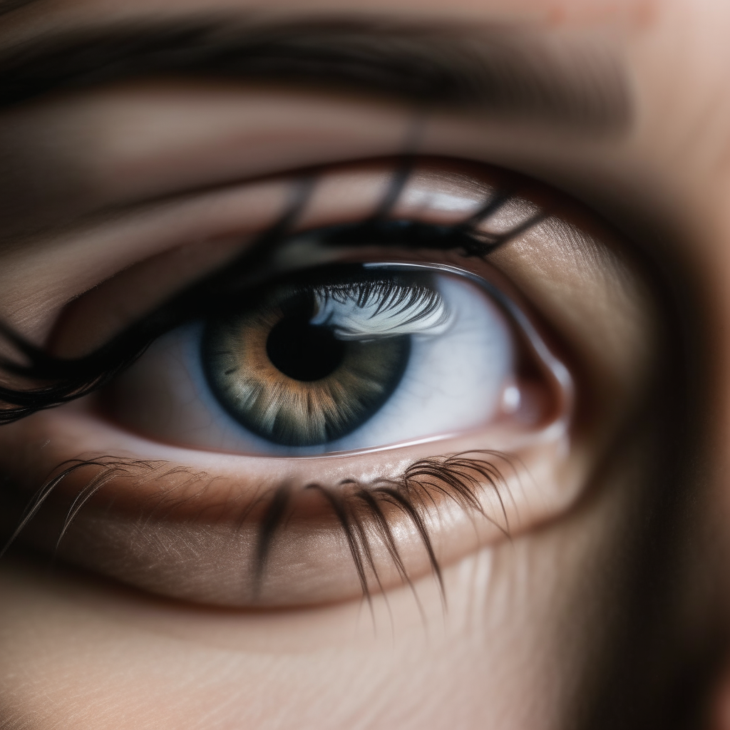 extreme close-up of a woman's eyes and glasses, showing individual eyelashes and lens details in sharp focus