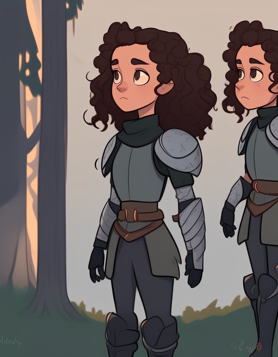 Character model sheet turnaround. Girl with dark curly ponytail hair, wearing a Knight's armor outfit. 2D cartoon drawing style. Forest background.