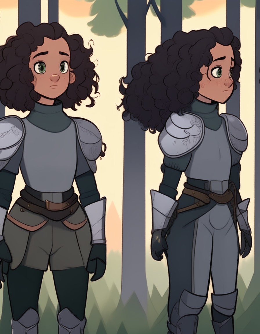 Character model sheet turnaround. Girl with dark curly ponytail hair, wearing a Knight's armor outfit. 2D cartoon drawing style. Forest background with a lake in the distance.