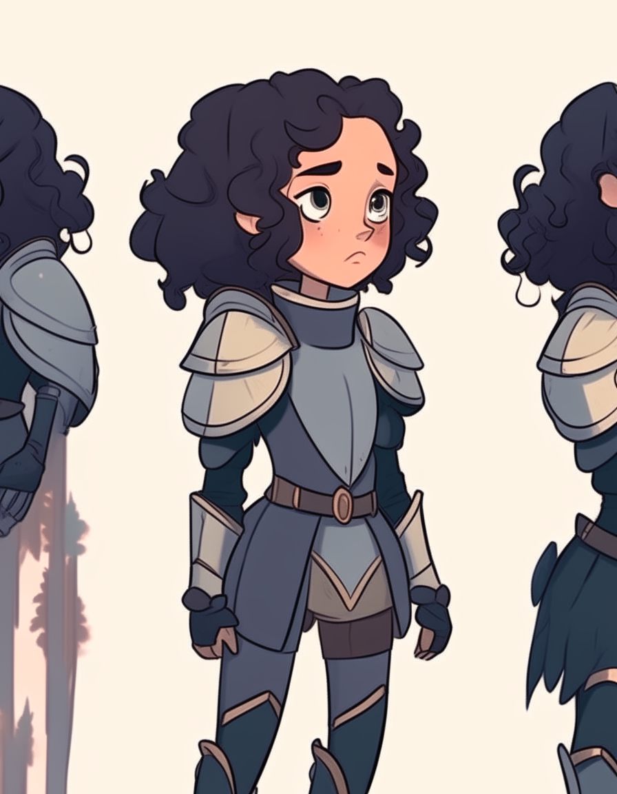 Full body character turnaround of a girl with dark curly ponytail hair wearing a Knight's armor outfit. 2D cartoon drawing style.