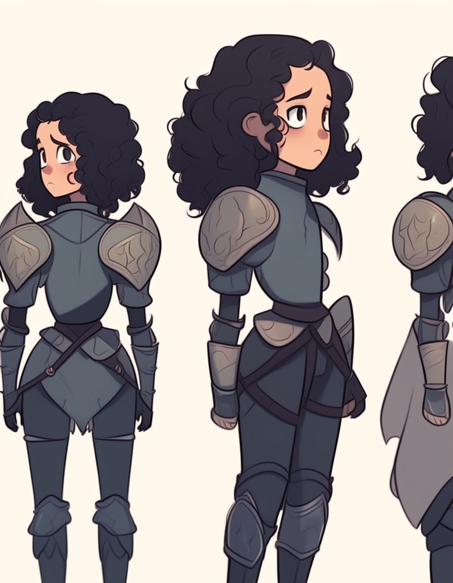 Full body back view character turnaround of a girl with dark curly ponytail hair wearing a Knight's armor outfit. 2D cartoon drawing style.