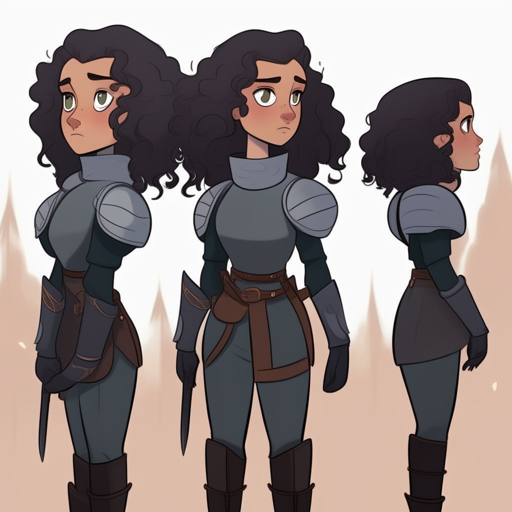 Character model sheet turnaround. Girl with dark curly ponytail hair,Knight's outfit. 2D cartoon drawing. No background. Full body