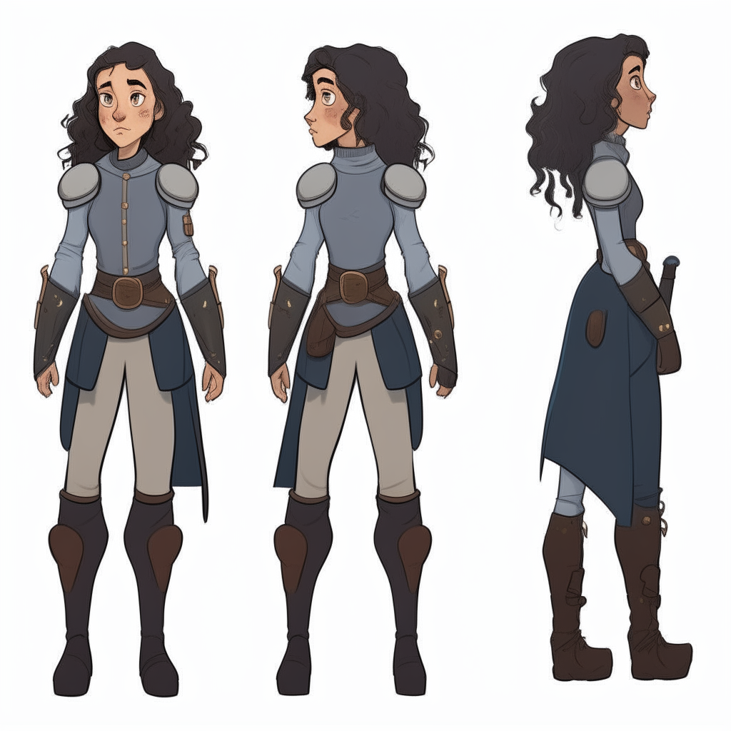 Character model sheet turnaround. Girl with dark curly ponytail hair, Knight's outfit. 2D cartoon drawing. No background. Full body from the front, mid size