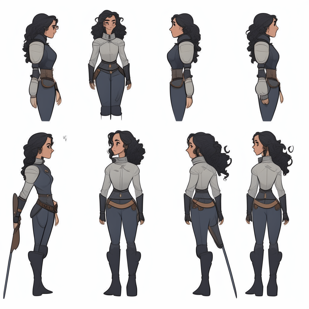 Character model sheet turnaround. Girl with dark curly ponytail hair, Knight's outfit. 2D cartoon drawing. No background. Full body from the side, mid size