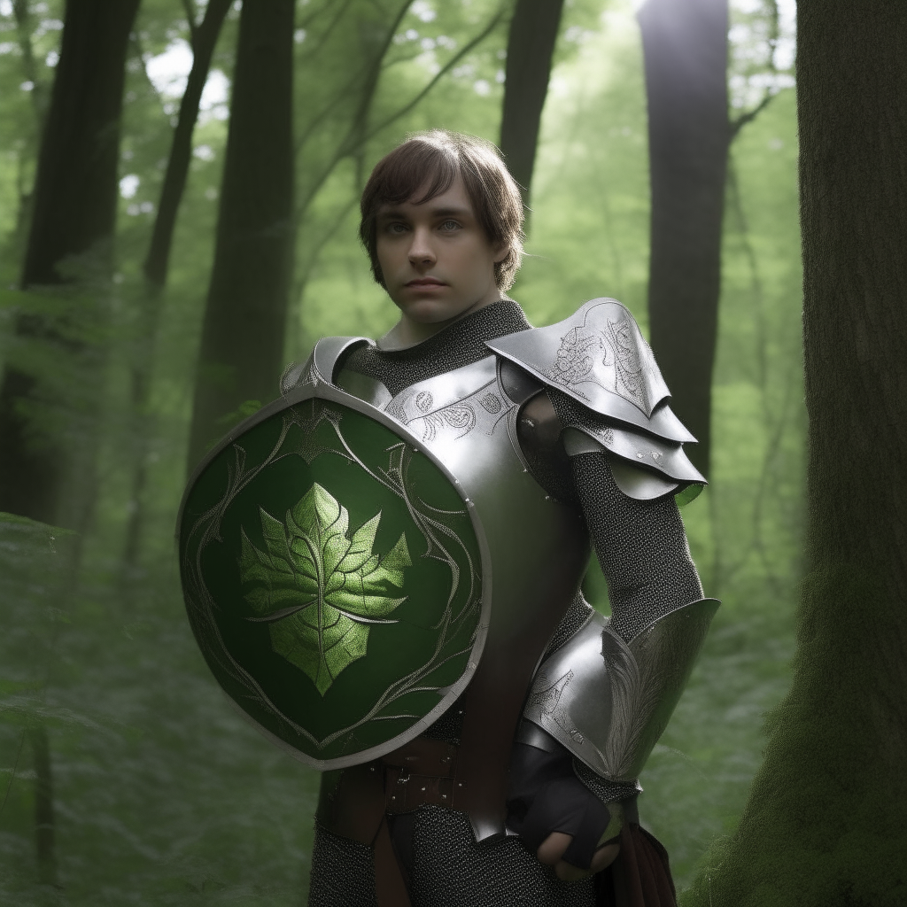 A knight with short brown hair standing in a forest clearing. He wears polished steel armor and carries a shield decorated with a green tree emblem.