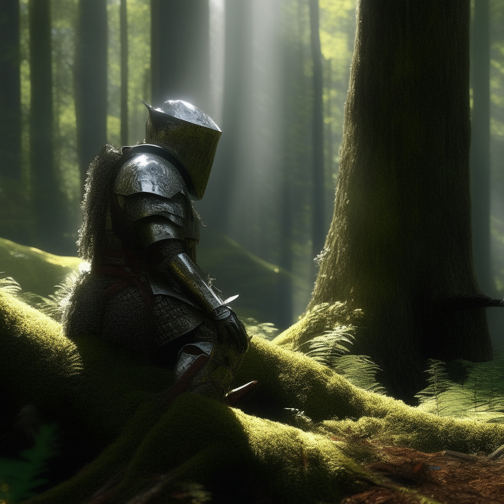 The knight peers into the dense forest from a moss-covered log. Sunlight filters through the tall trees, dappling his armor with spots of light and shadow.