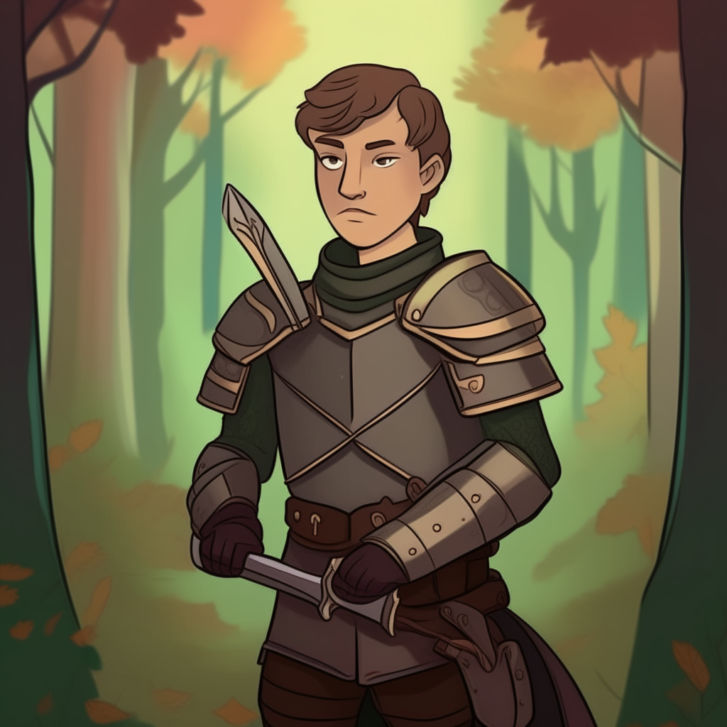 Character portrait of a guy with short brown hair, wearing a knight's armor outfit and holding a sword, in a forest setting. 2D cartoon drawing style.
