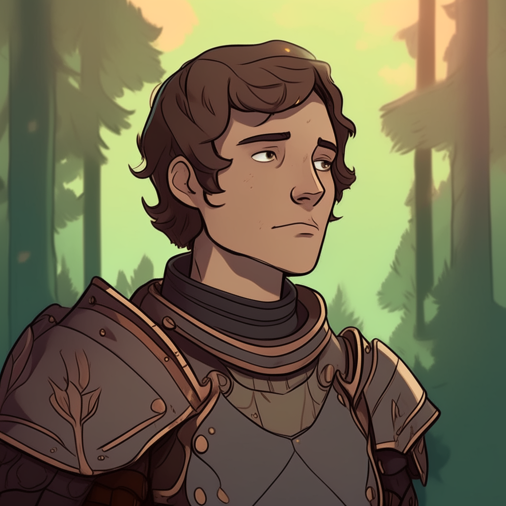 Character portrait of a guy with short brown hair, wearing a knight's armor outfit and looking into the distance, in a forest setting. 2D cartoon drawing style.