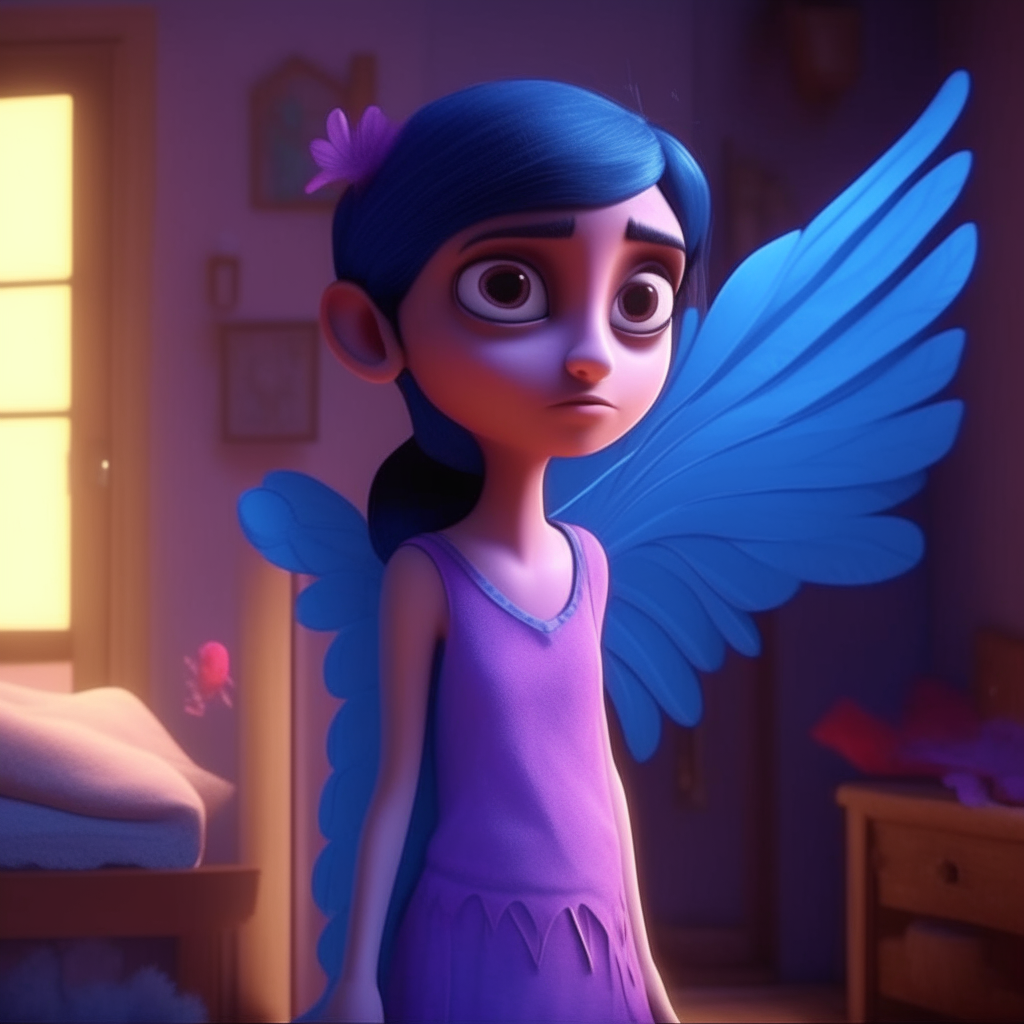 indian fairy 🧚‍♂️ in blue purplefeel with wings sorrow on the small poor cute girl in pink kurtha surwal  with beautiful big eyes  3D animation cartoon in her poor room two characters one fairy one small girl