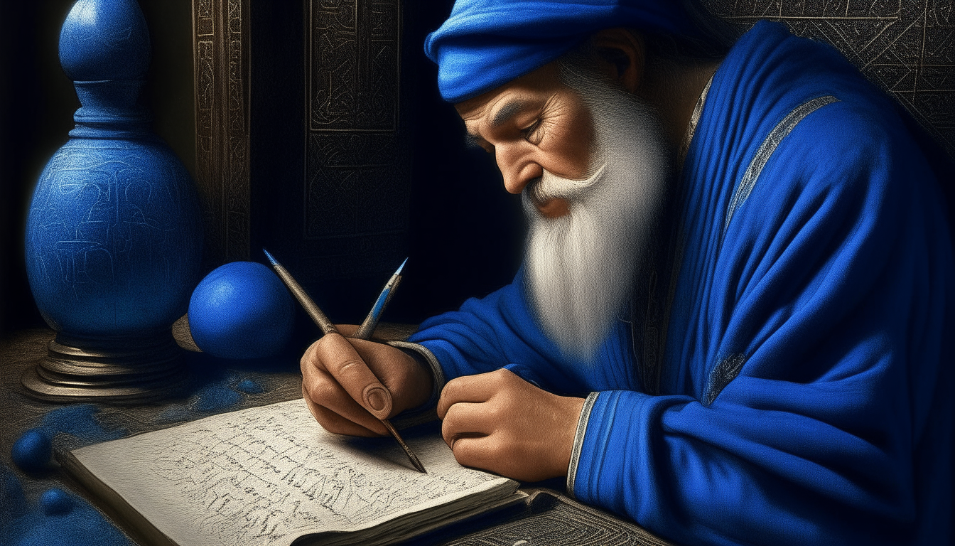 The scribe gazes in wonder at smooth blue lapis lazuli tablets and an electron stylus before him