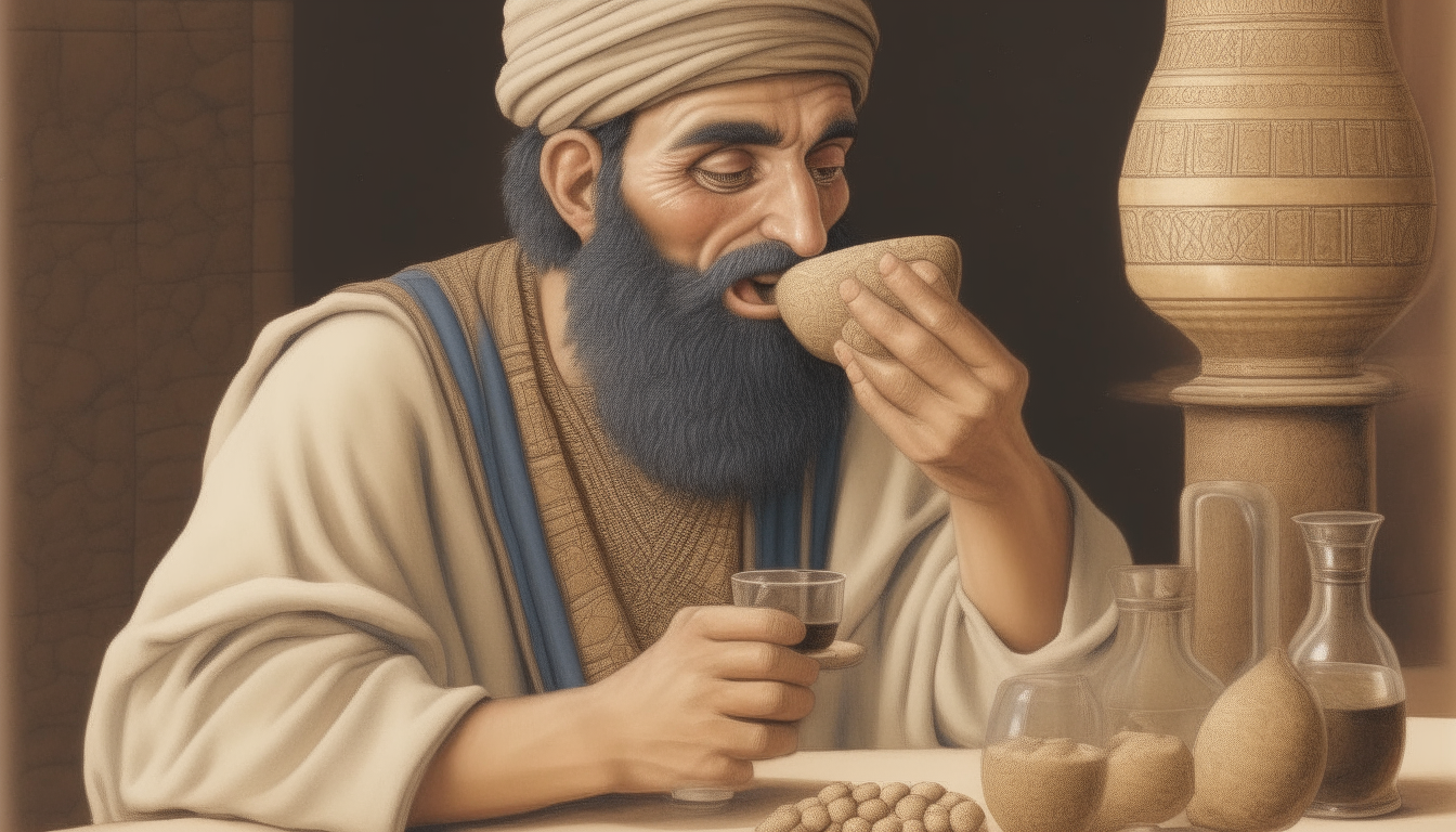 An ancient Mesopotamian scribe eats bread and drinks water from a goblet, sustaining himself to devote to his task