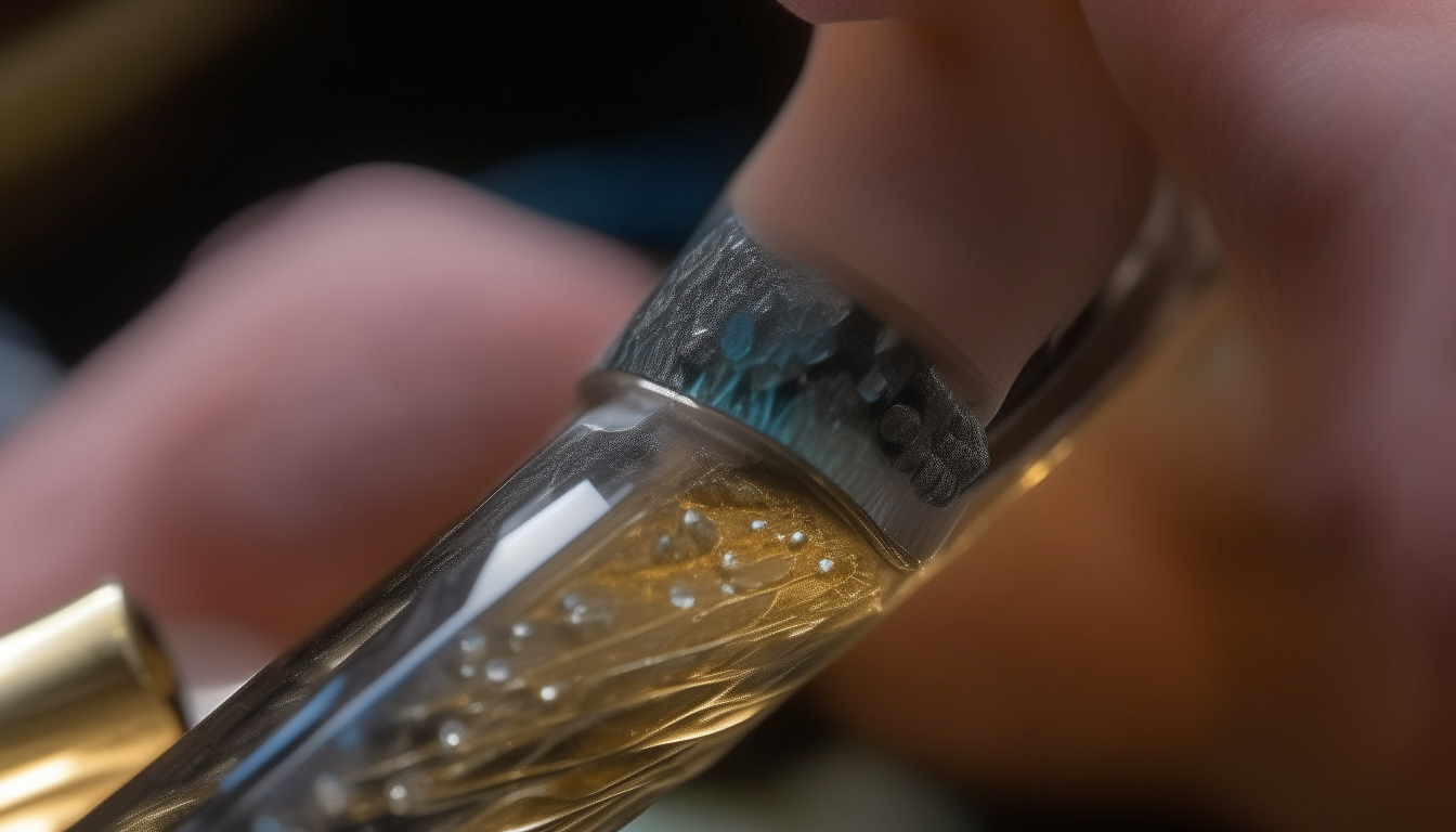 A close up shows the divine crystal tip of the stylus adapting itself to the scribe's hand