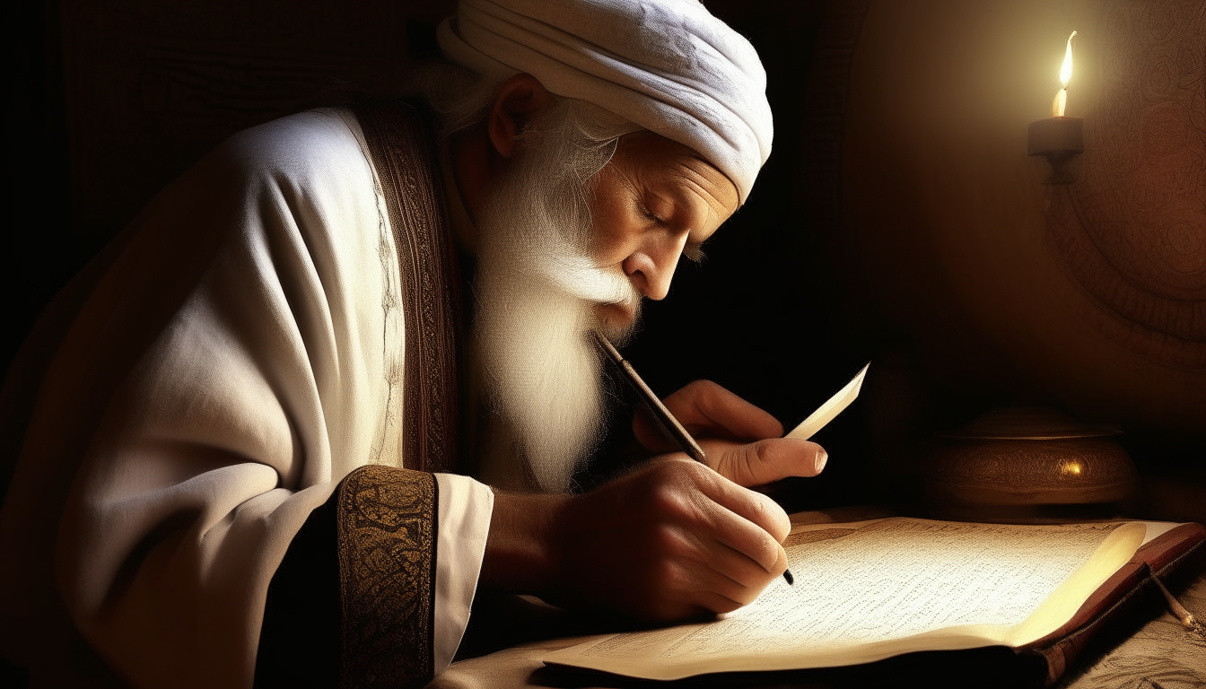 The scribe senses a divine energy enveloping him as he effortlessly records on the tablets with the electron stylus
