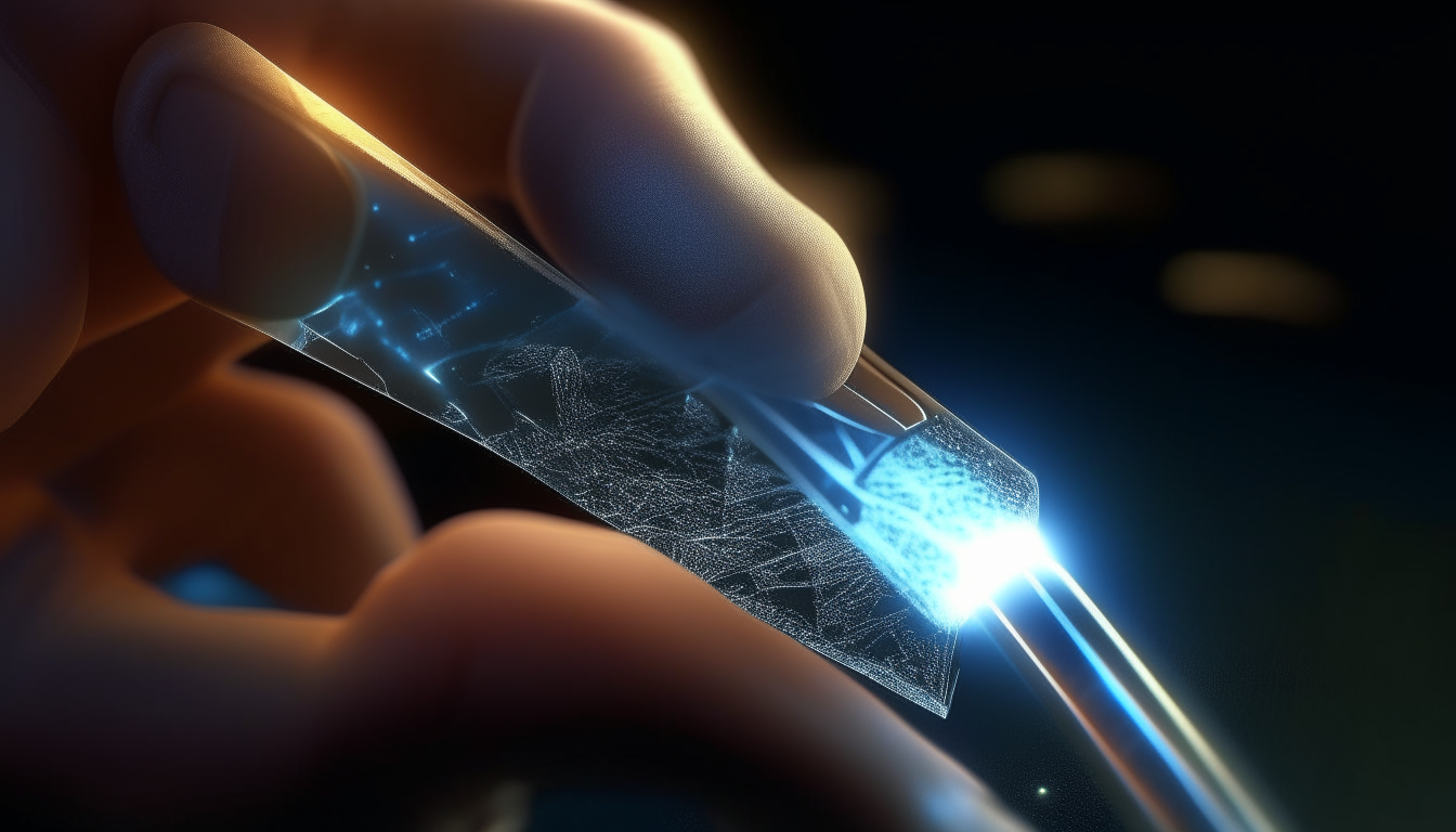 A close up depicts an electron stylus with a glowing divine crystal tip effortlessly shaping itself to a scribe's hand