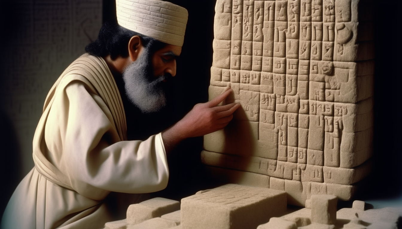 An ancient Mesopotamian scribe seals tablets containing prophecies into a stone enclosure with a large lock