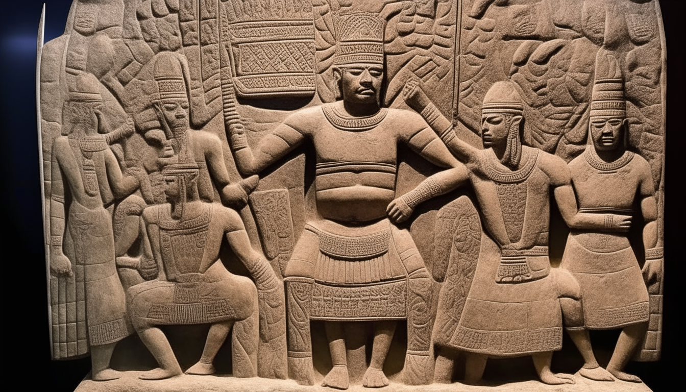 An ancient stone carving depicts warriors from north and south Nibiru united under one throne, establishing peace after a ferocious war
